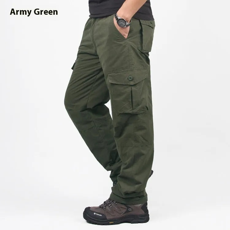 Men's khaki cotton overalls with velvet lining, showing loose fit and straight leg style