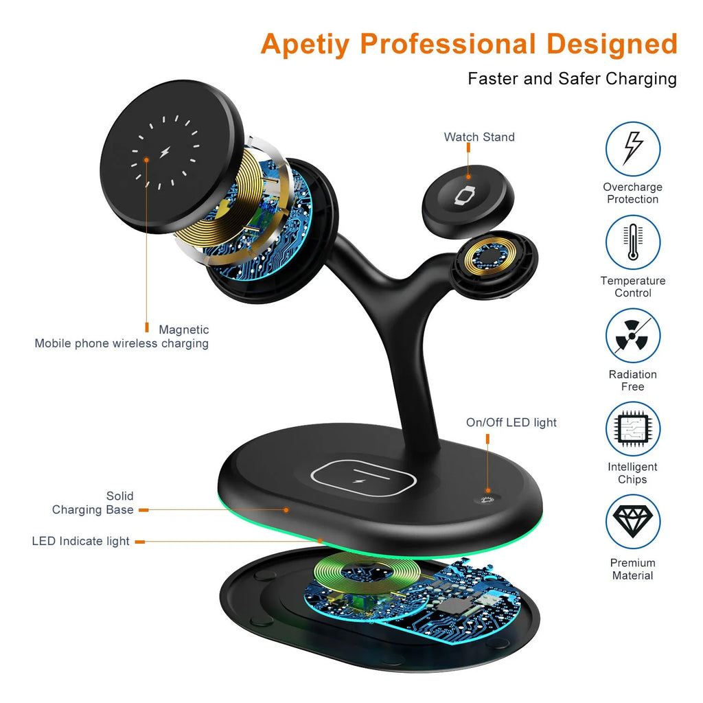 Black three-in-one magnetic wireless charger showing compact ABS body on a desk.