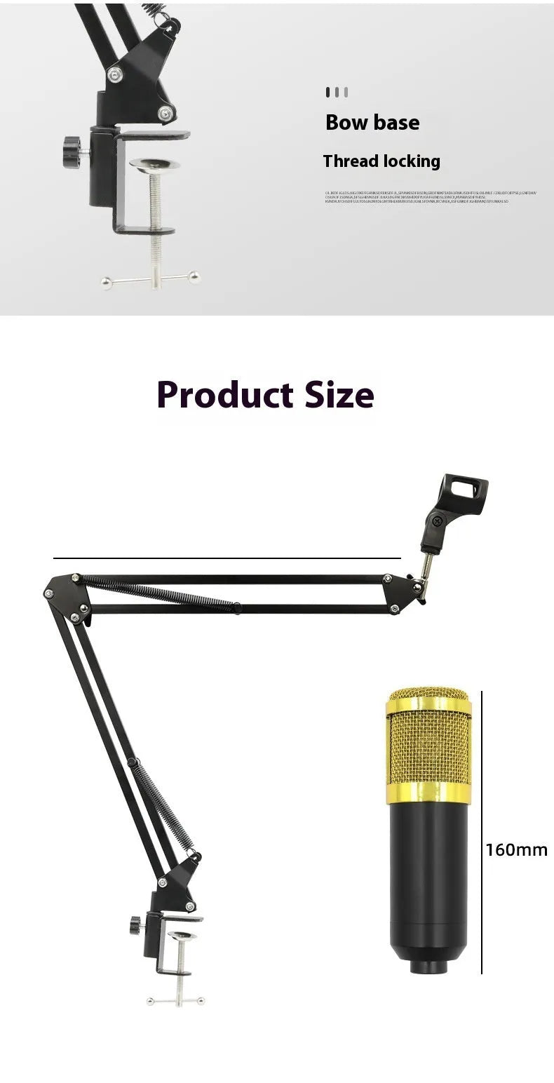 BM800 capacitor microphone set with cantilever bracket for mobile phone recording in black and gold colour