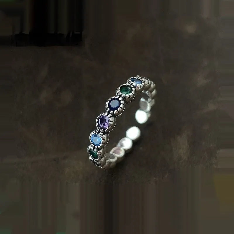 Women's adjustable geometric ring with colourful zircon in retro silver finish