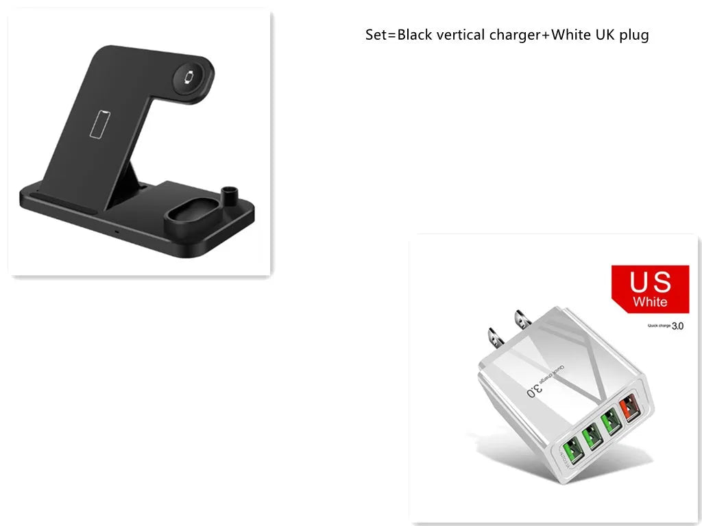 Black 4-in-1 wireless charger with magnetic phone stand charging an iPhone, Apple Watch, and AirPods.