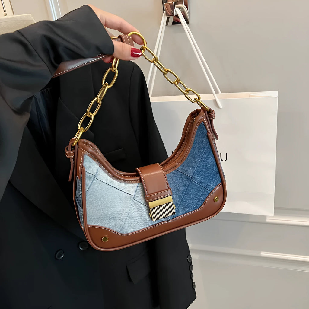 Brown denim women's shoulder bag with diamond mesh detail and bucket design