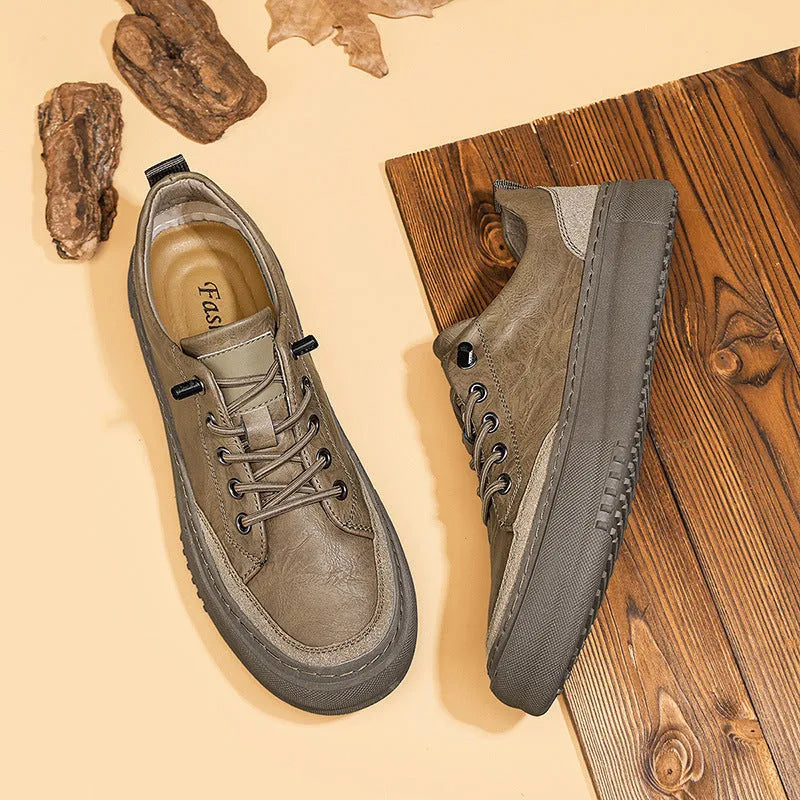 Men's round toe board shoes in black or khaki with lace-up design and rubber sole
