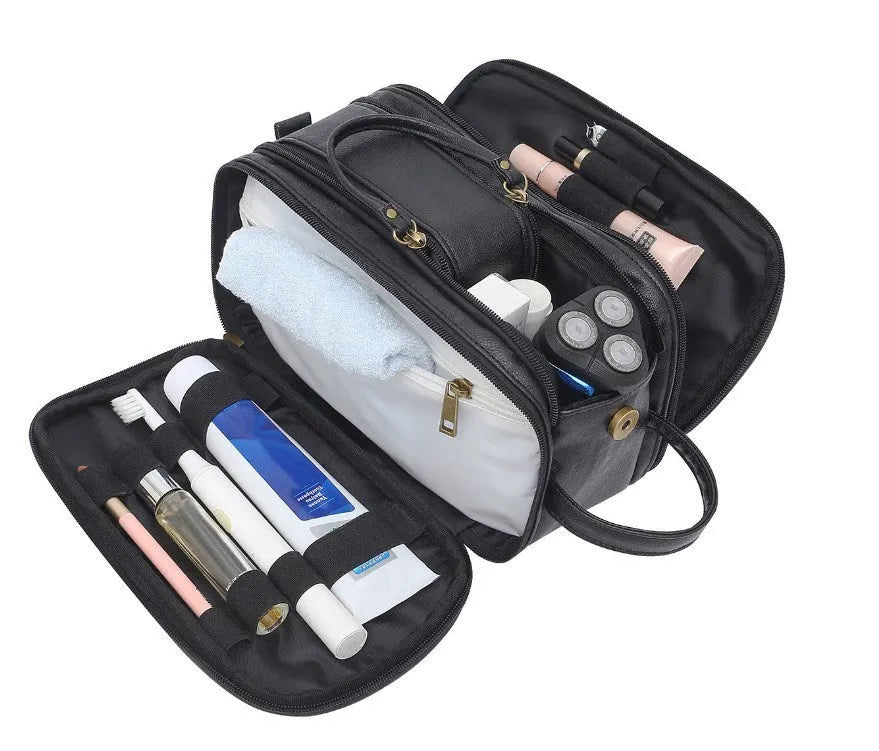 Black men's PU toiletry bag with zipper open, showing interior.