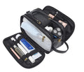 Black men's PU toiletry bag with zipper open, showing interior.