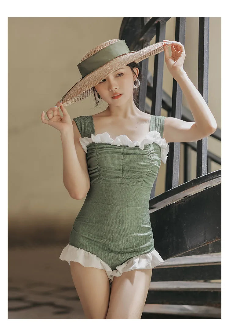 Korean style high-waisted one-piece swimsuit in black, quick-drying polyester fabric, triangle top design
