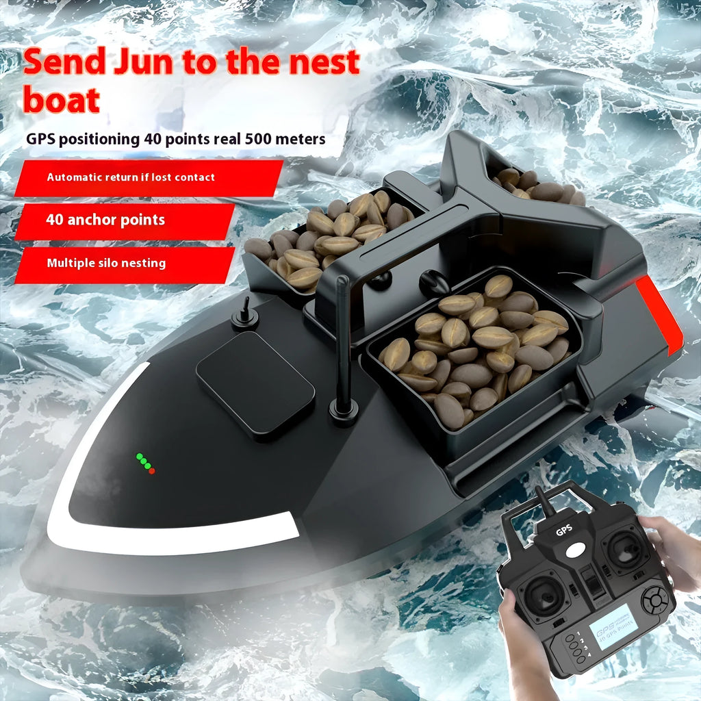 V020 black remote control fishing boat with GPS antenna on a calm lake.