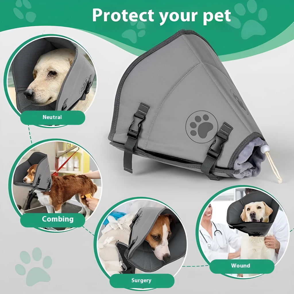 A white adjustable polyester recovery collar for pets, shown in sizes L, M, and XL.
