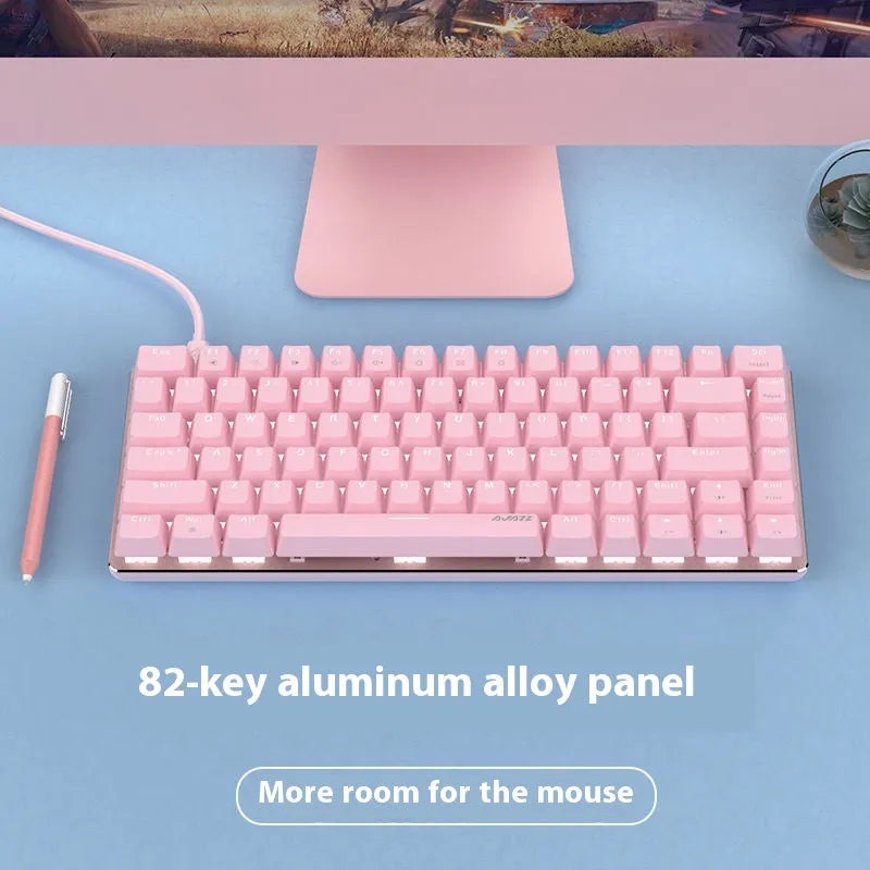 Pink and white mechanical gaming keyboard with 82 keys and white backlight illumination