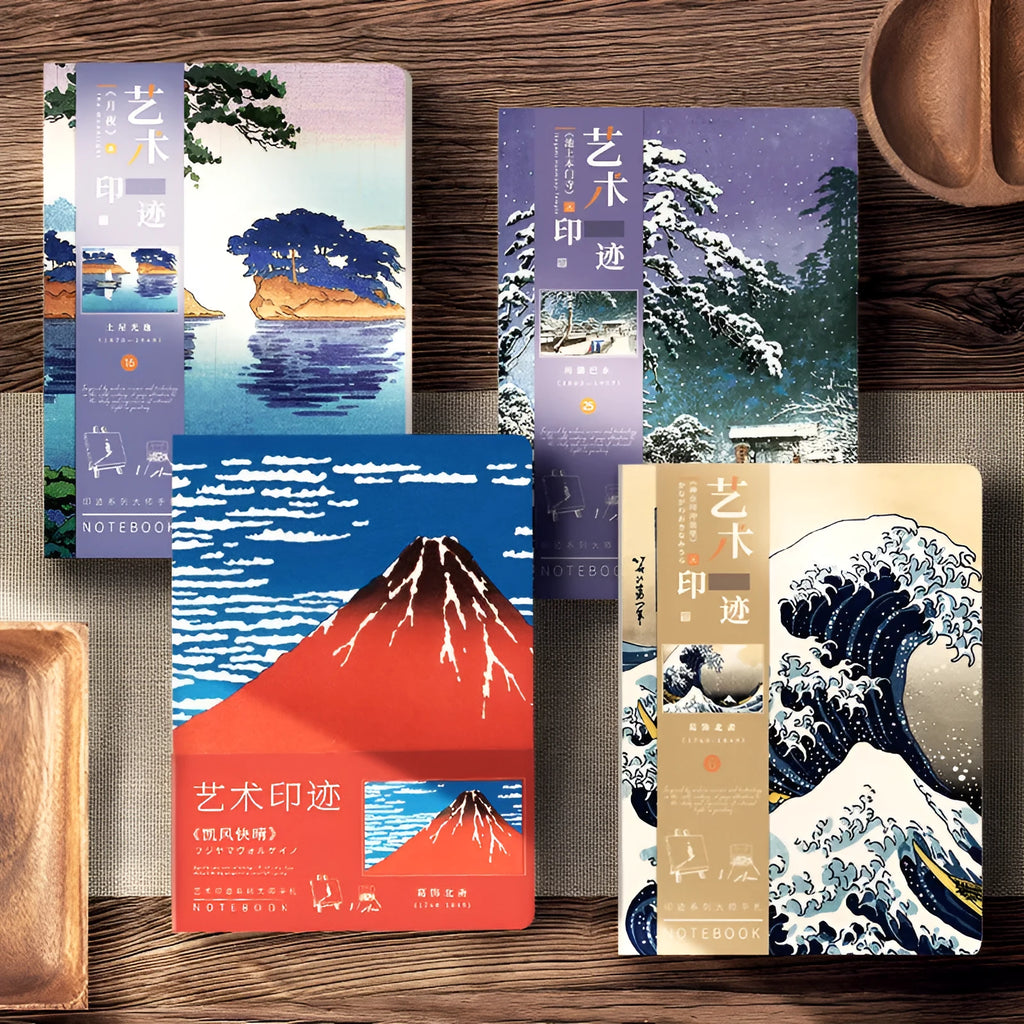 Ukiyo-e series hand ledger notebook with Kanagawa wave cover, showing dimensions and open page.