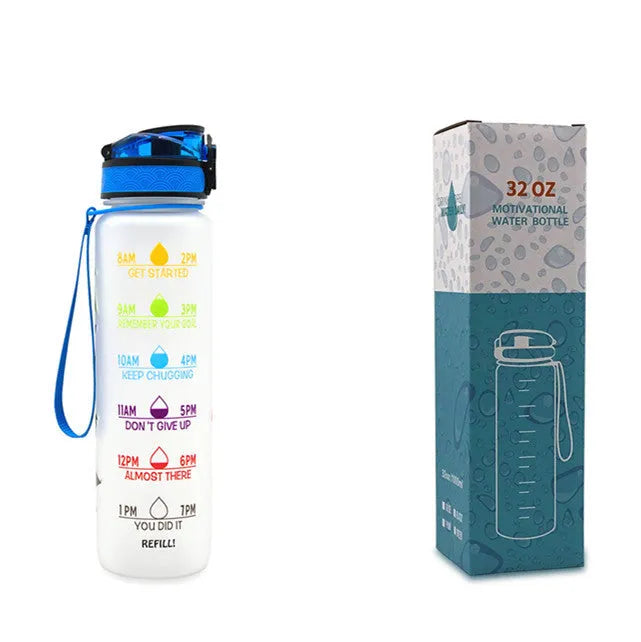 Blue and red gradient 1 litre Tritan sports water bottle with time markers and flip-top lid