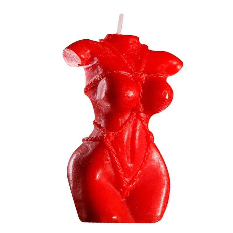 Low temperature soy wax massage candle in a bikini shape, shown in rose red, spring pink, and lilac purple colours.