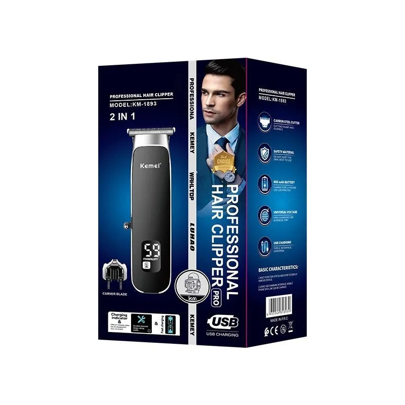USB charging electric clipper with digital display and double cutter head, includes T-blade and carving cutter