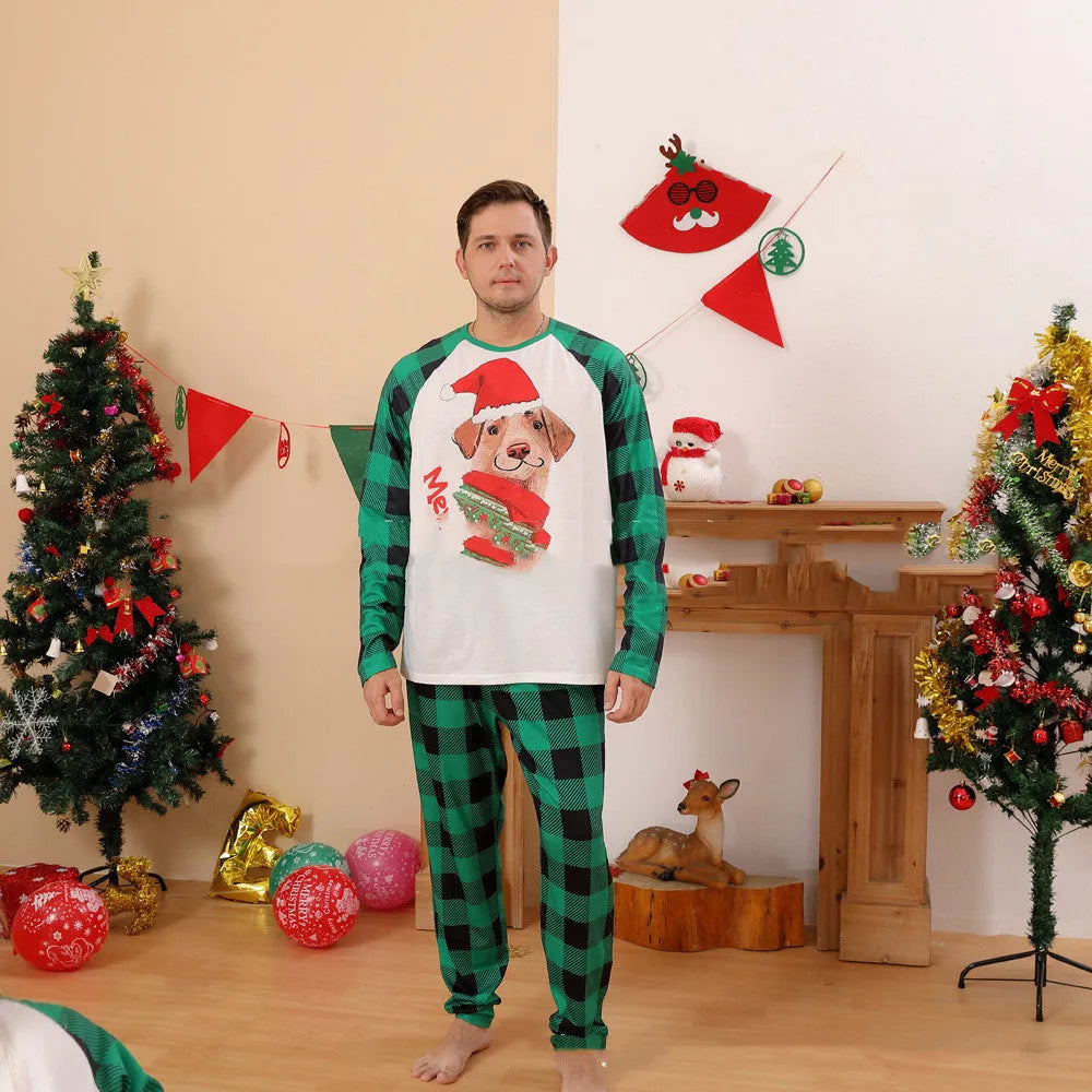 Family set Christmas long sleeve pyjamas in green with animal cartoon pattern on brushed polyester fabric