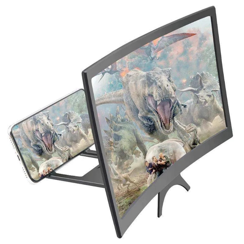 12 inch black mobile screen magnifier with curved arc frame and HD acrylic lens on a desktop
