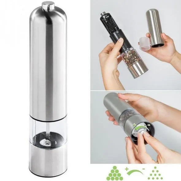 Stainless steel electric pepper grinder on a kitchen countertop