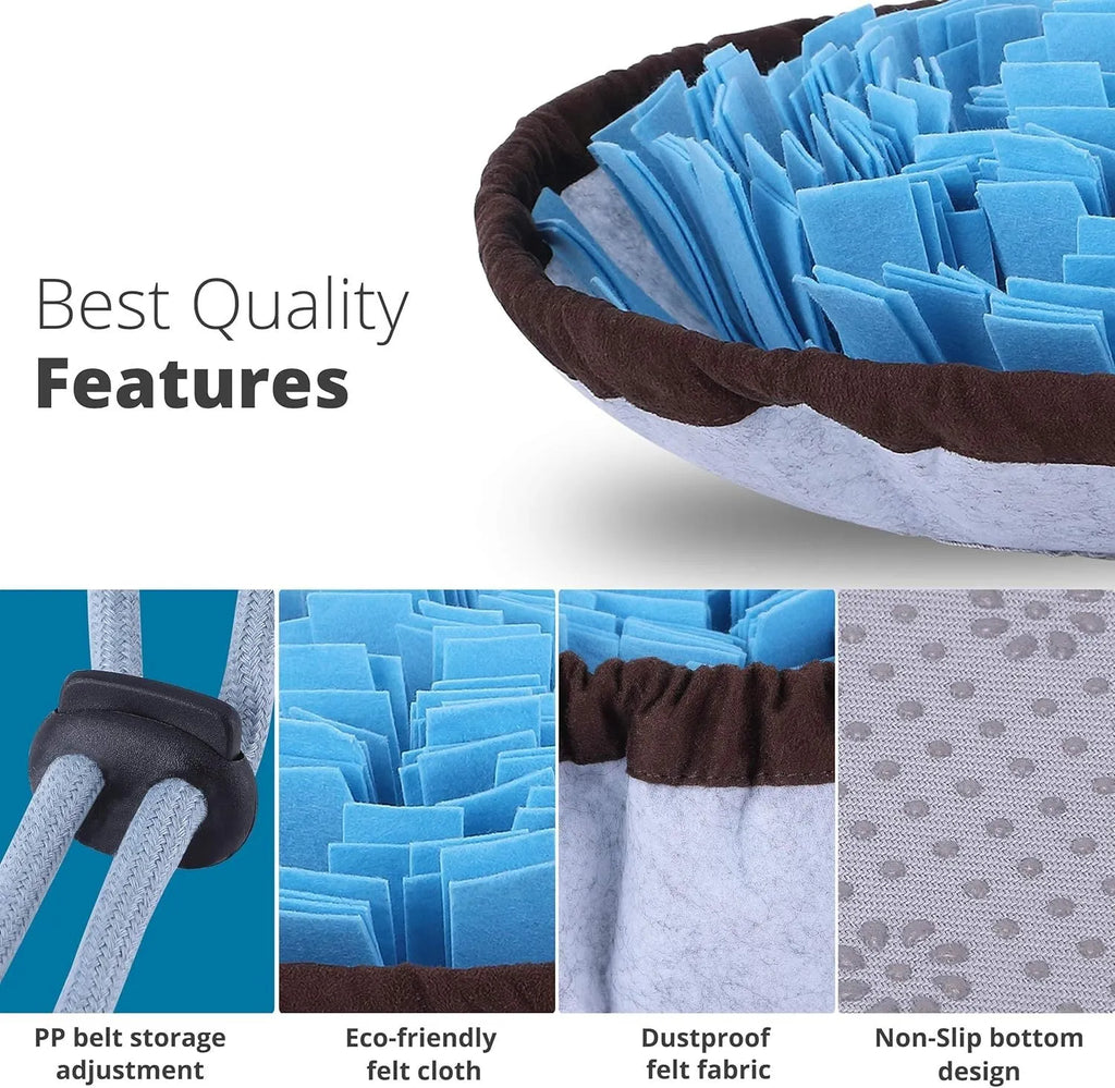 Blue adjustable snuffle mat for dogs used as a puzzle feeding toy for large and small breeds.