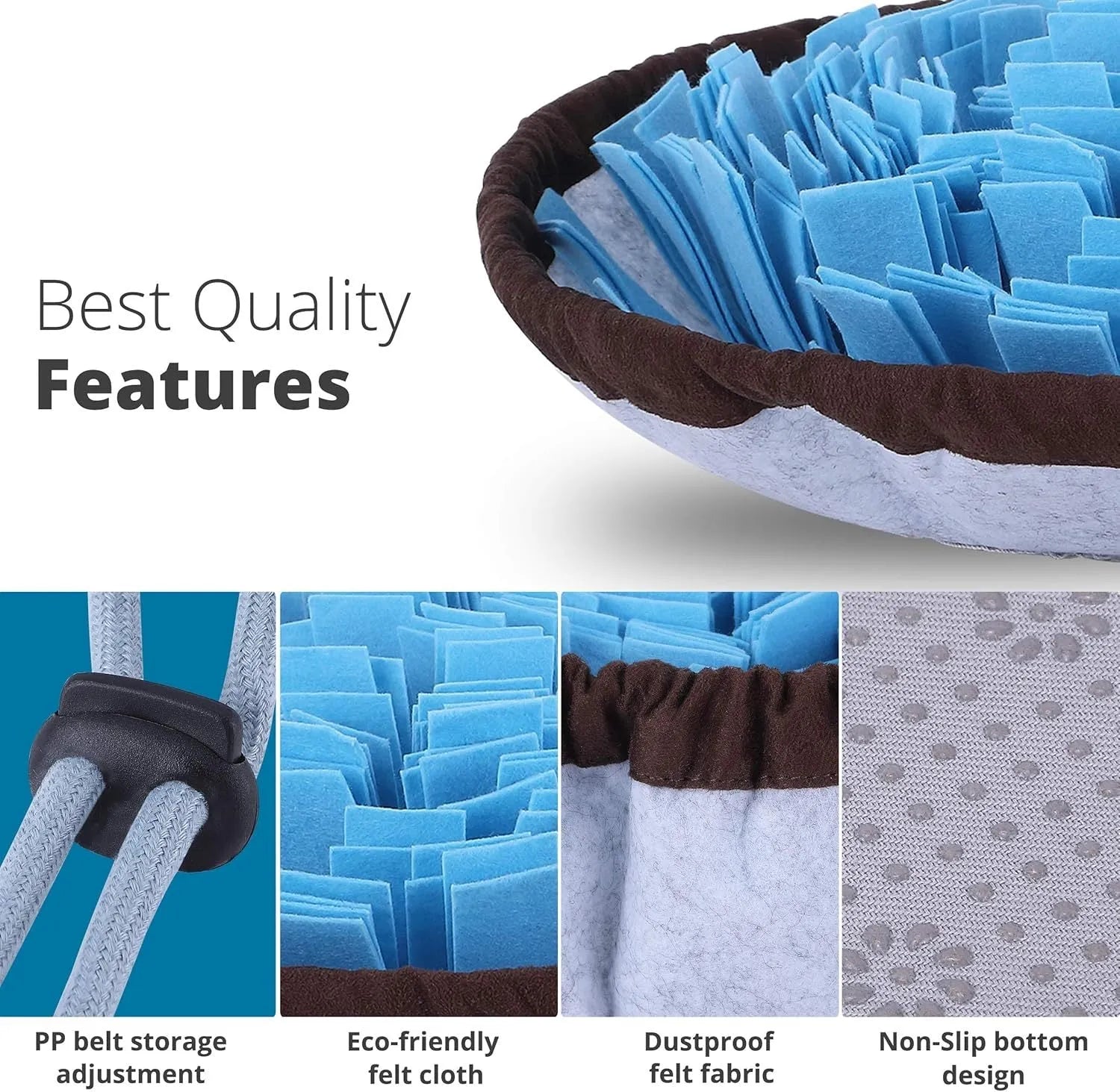 Blue adjustable snuffle mat for dogs used as a puzzle feeding toy for large and small breeds.