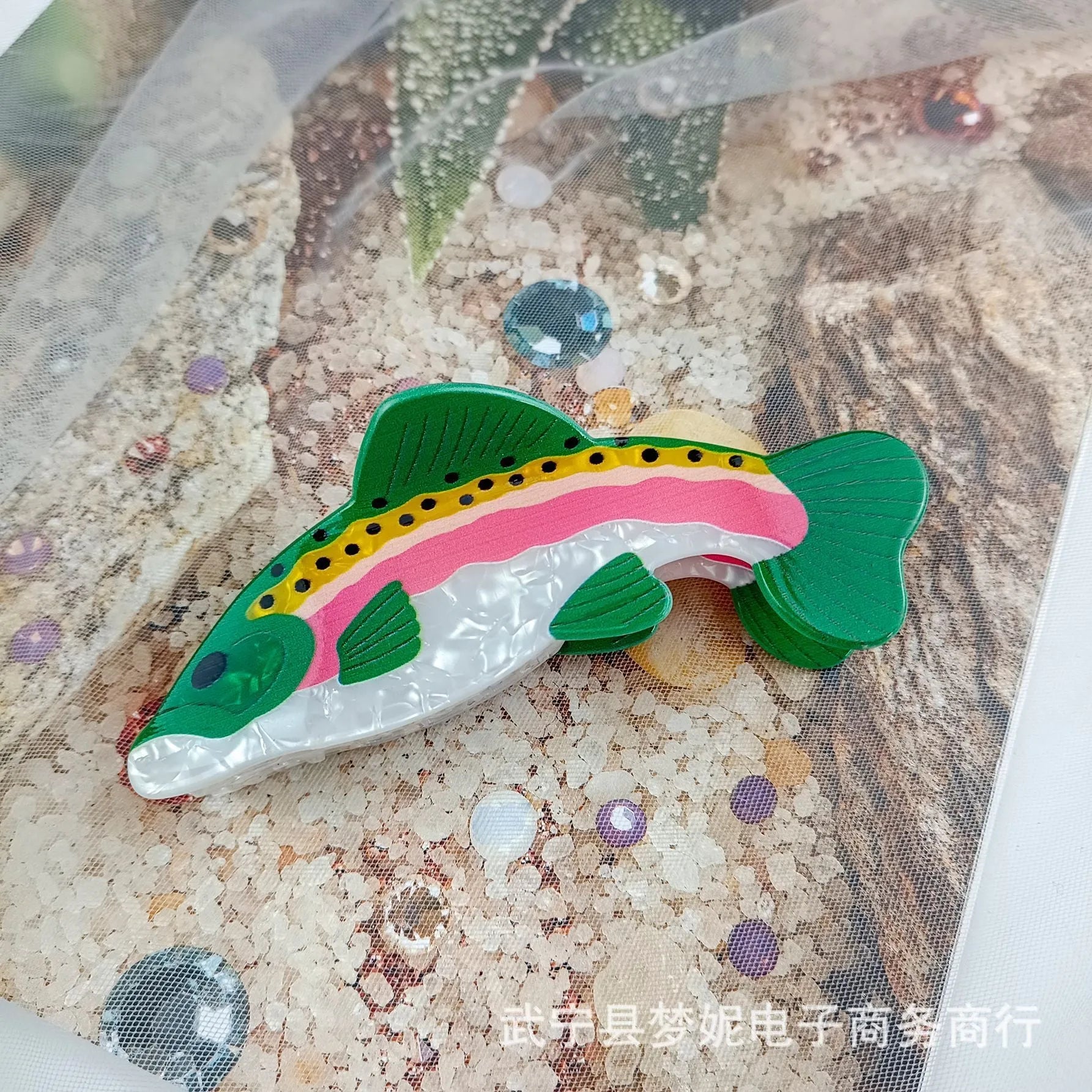 Dark green PVC hair clip with printed rainbow trout marine design and carp elements