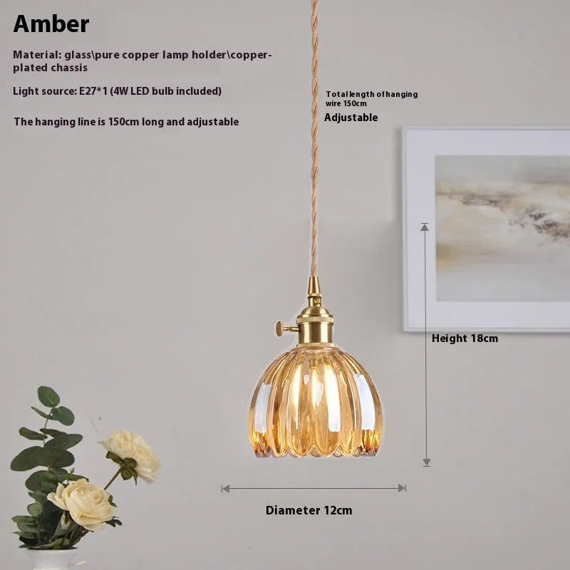 Vintage nordic style bedroom chandelier with glass flower shades in amber, green, grey, white, or transparent.