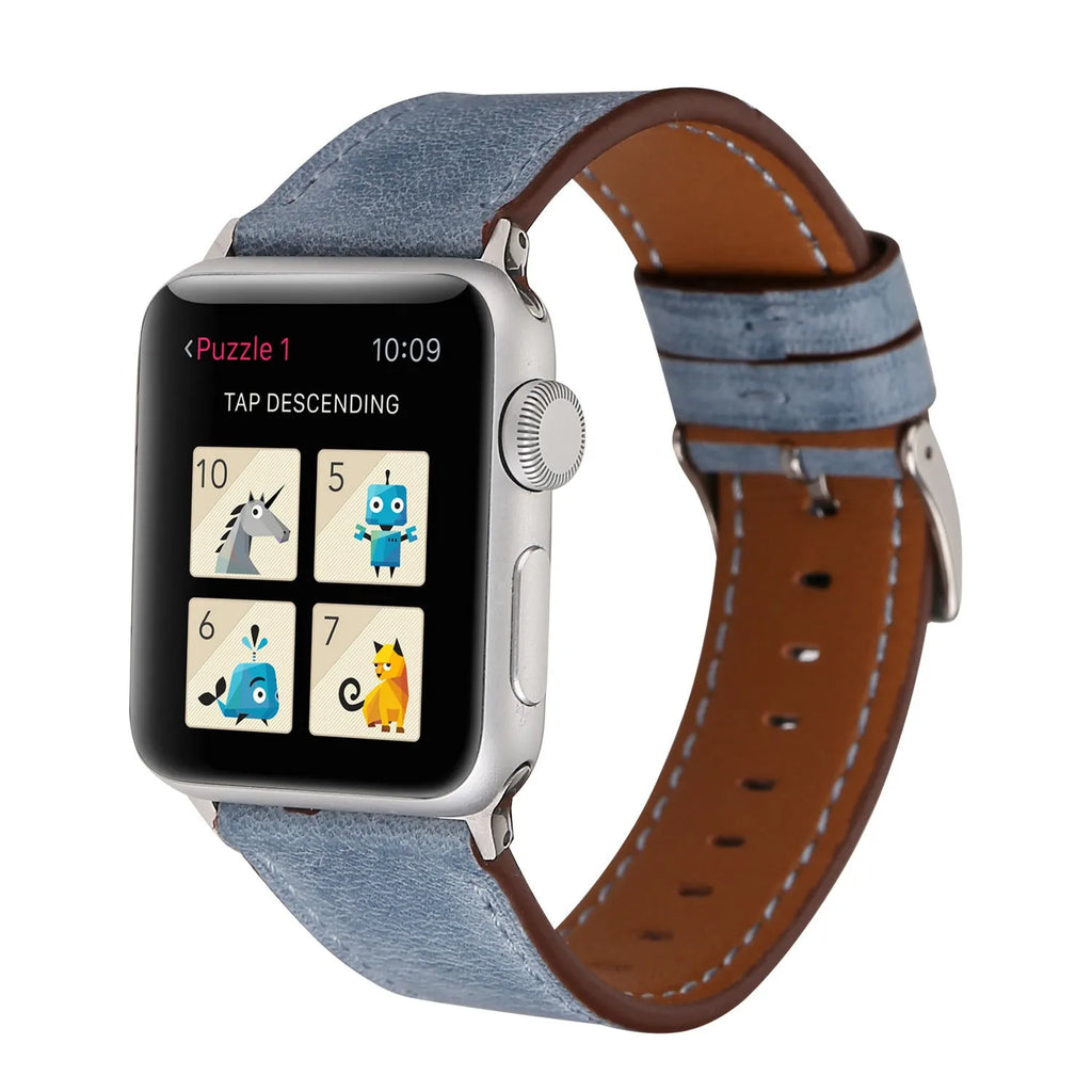 Leather watch strap with folding buckle shown in multiple colour options.