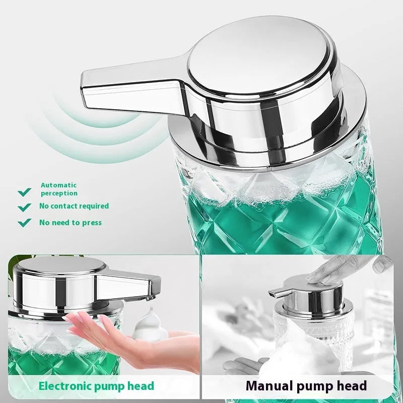 Automatic sensor soap dispenser with silver finish and USB-C charging port.