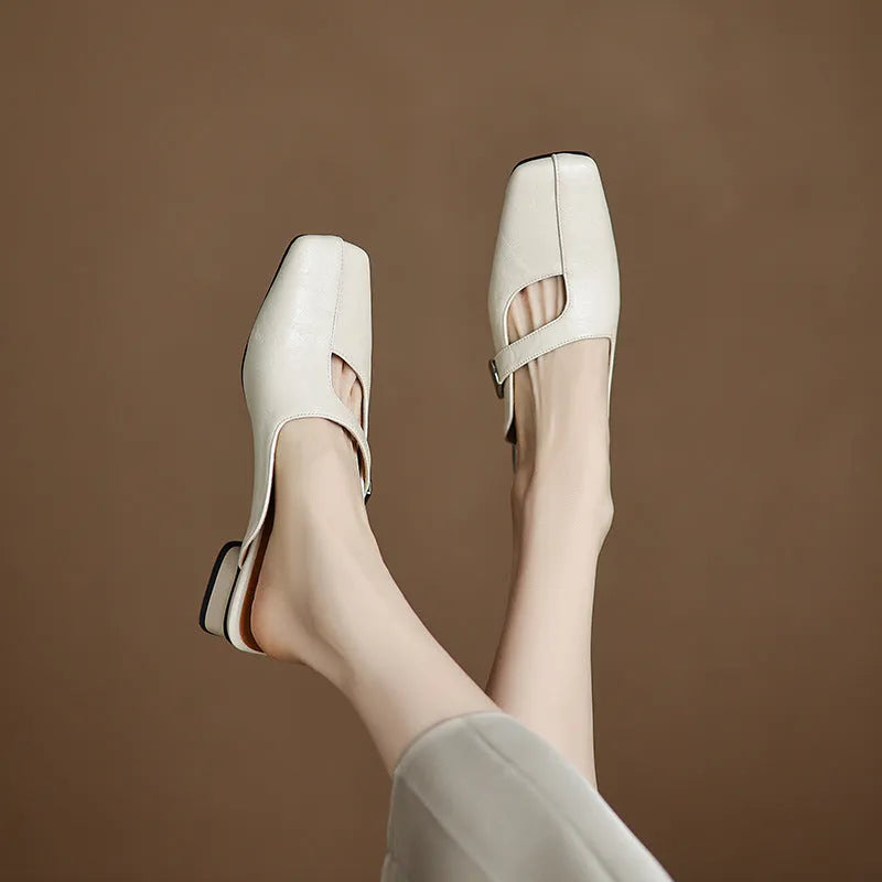British style square toe slippers with low heel in artificial PU and rubber sole