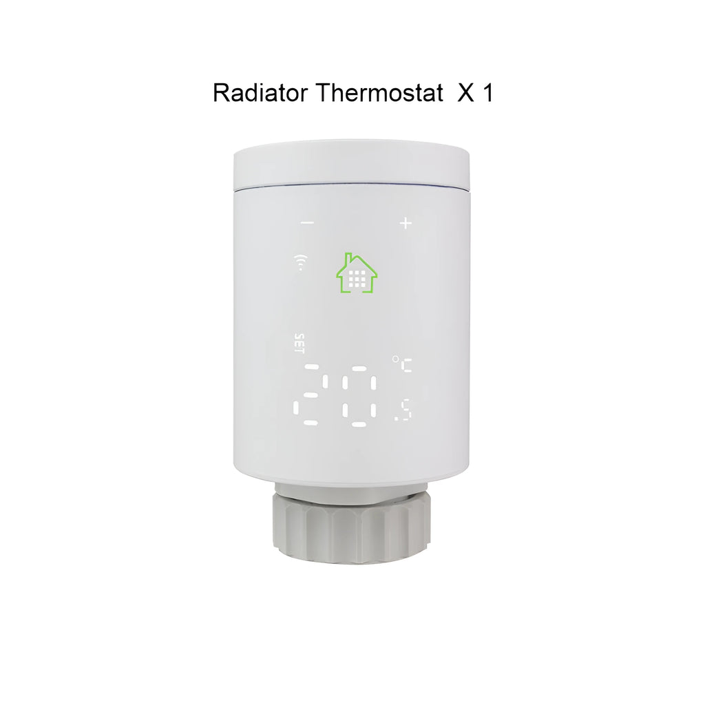 White smart radiator thermostat with digital display and M30 x 1.5 thread, beside Wi-Fi gateway hub