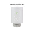 White smart radiator thermostat with digital display and M30 x 1.5 thread, beside Wi-Fi gateway hub