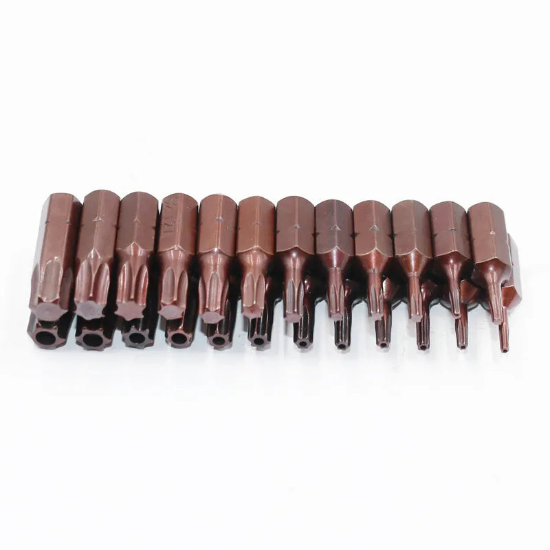 Black steel screwdriver bit set showing T6 to T40 sizes with magnetic tip and hexagon shank