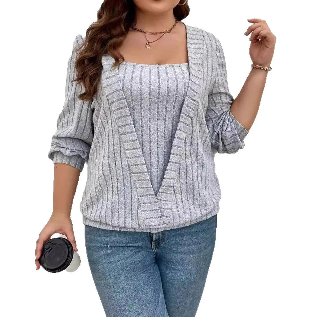 Women's solid colour rib fabric V-neck long sleeve false two-piece top in loose fit.