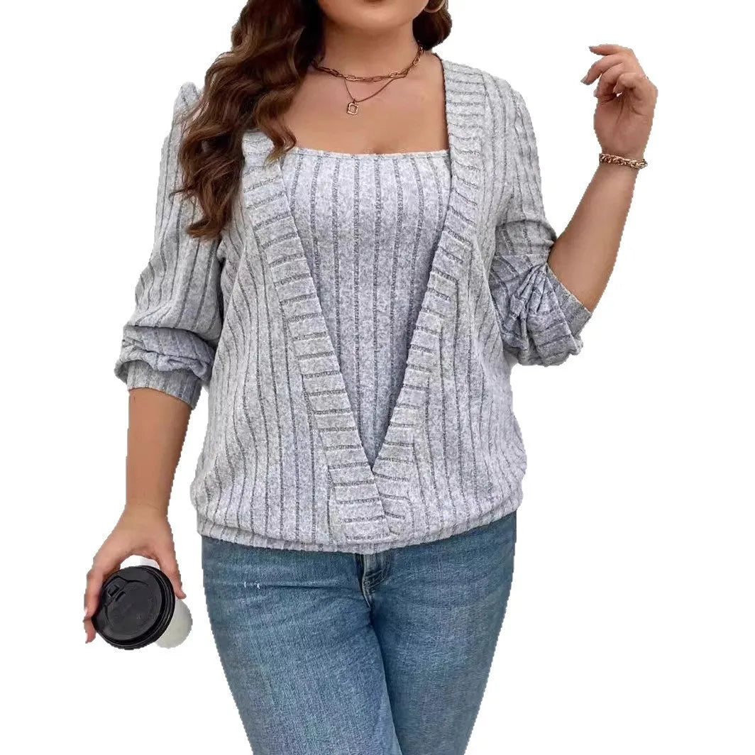 Women's solid colour rib fabric V-neck long sleeve false two-piece top in loose fit.