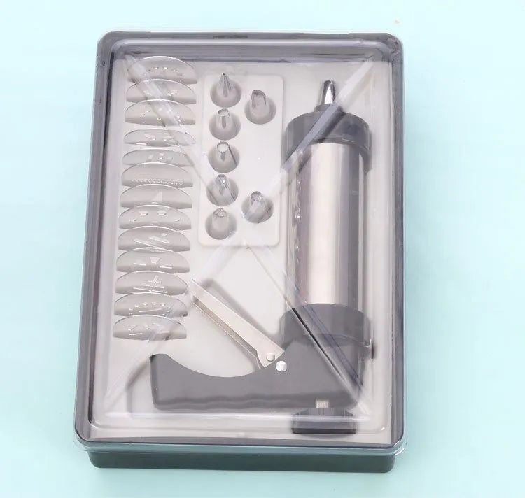 Stainless steel biscuit press cookie machine with 13 metal moulds and 8 piping nozzles in a colour gift box for home baking.