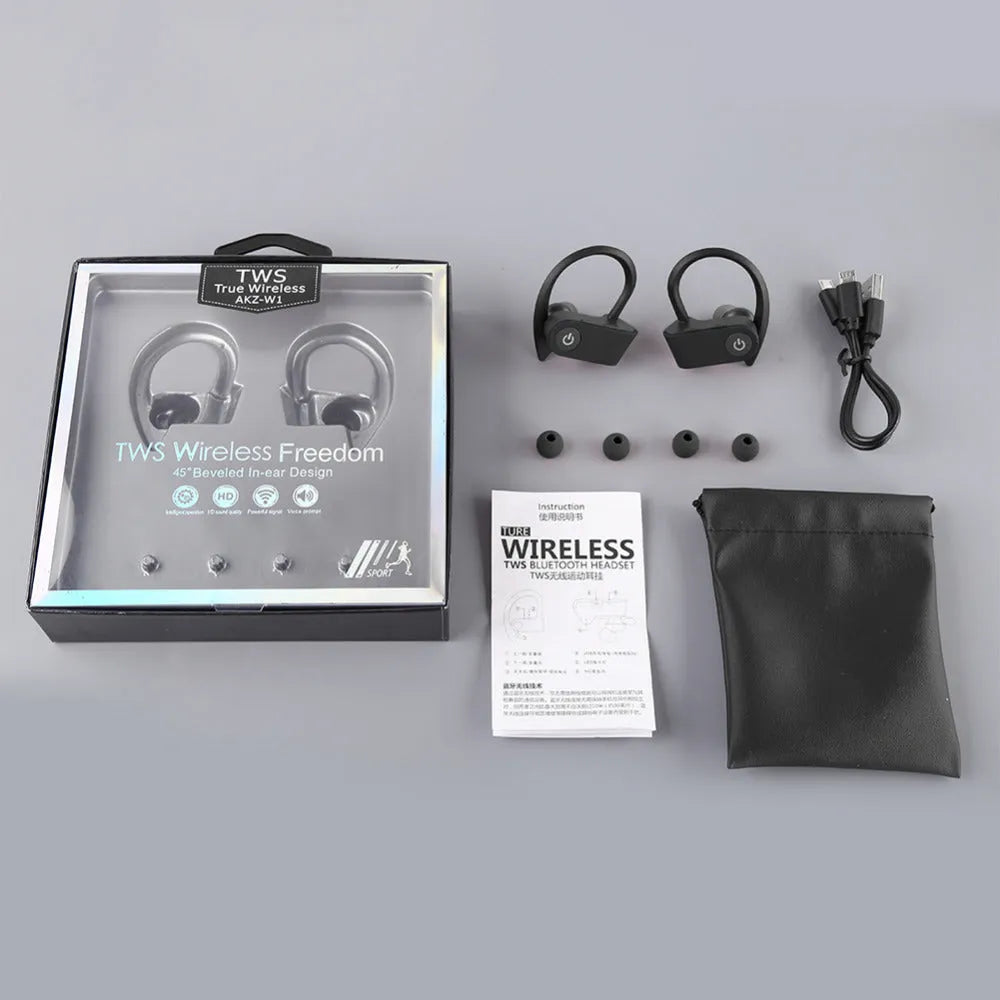 Black wireless Bluetooth earphones with ergonomic design and LED charging indicator.