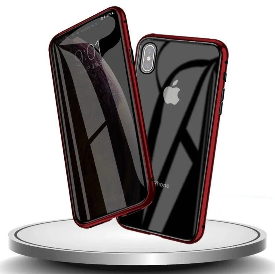 Glass clamshell anti-spy phone case for iPhone in geometric design, shown in black, silver, red, gold, green, and blue colours.