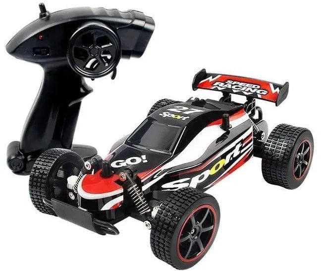Blue 1:18 scale remote control drift car with 2.4GHz transmitter on a hard surface
