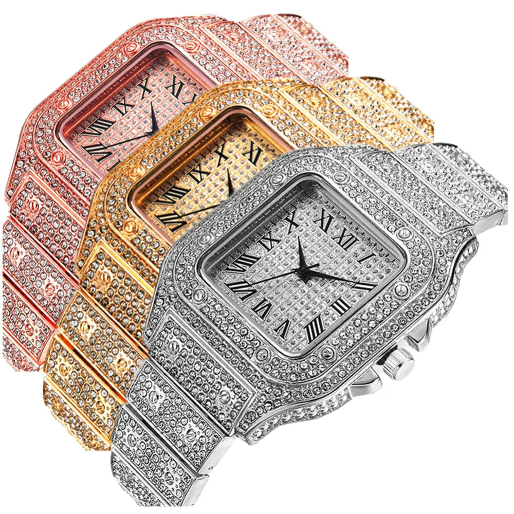 Roman grain graduation quartz watch set of three pieces with square diamond-studded dial on black mesh band.