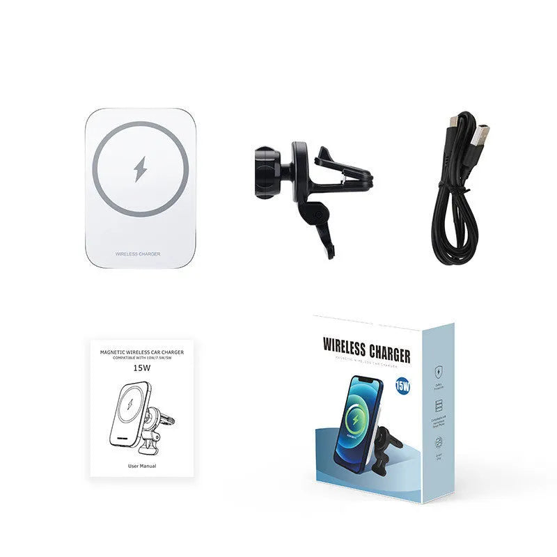 Black magnetic wireless car phone holder with king bracket, charging an iPhone