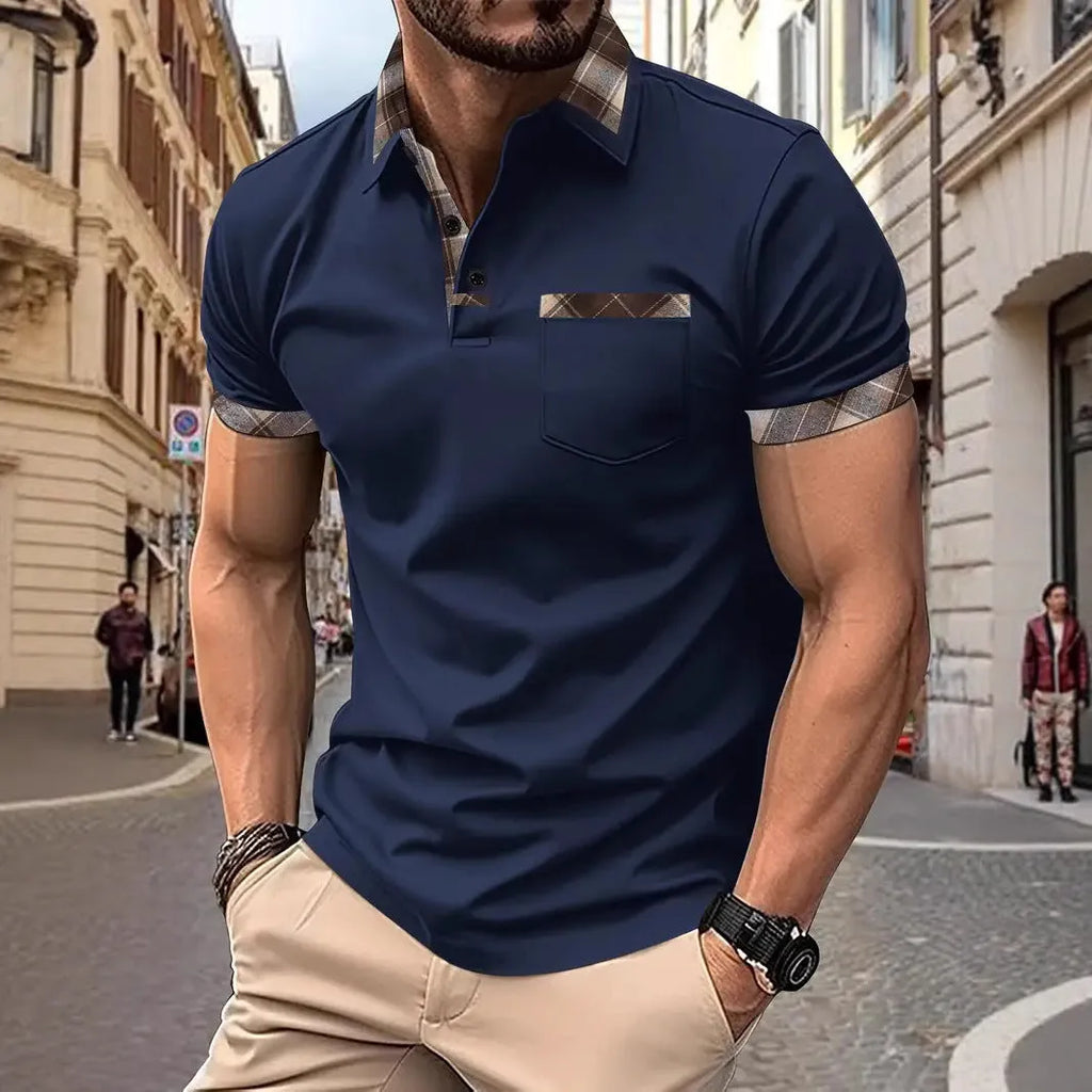 Men's loose fit short sleeve t-shirt in a plaid colourblock pattern with a zip detail.