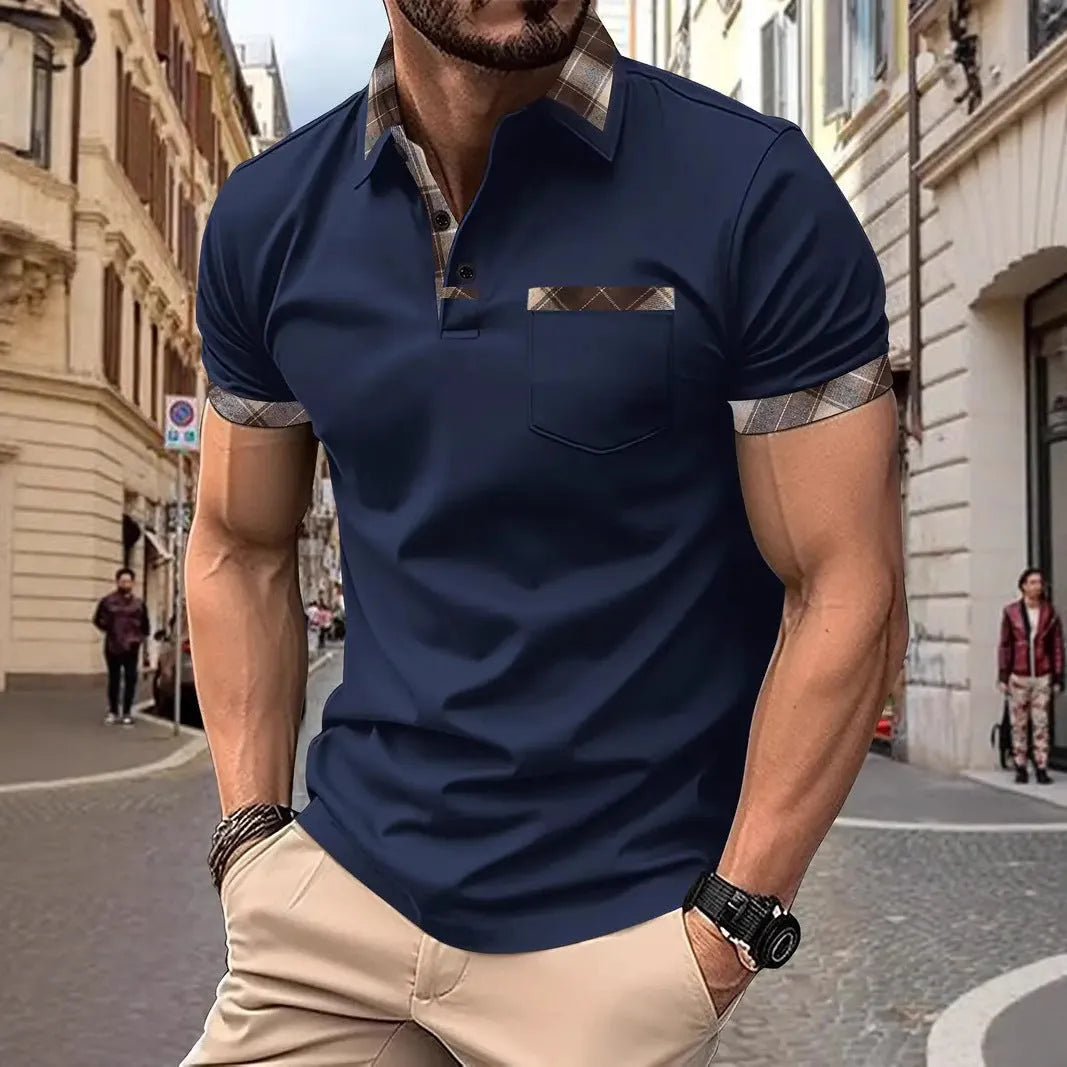 Men's loose fit short sleeve t-shirt in a plaid colourblock pattern with a zip detail.