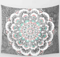 Indian mandala tapestry with green blue geometric floral pattern, 210x150cm, polyester, displayed as wall art