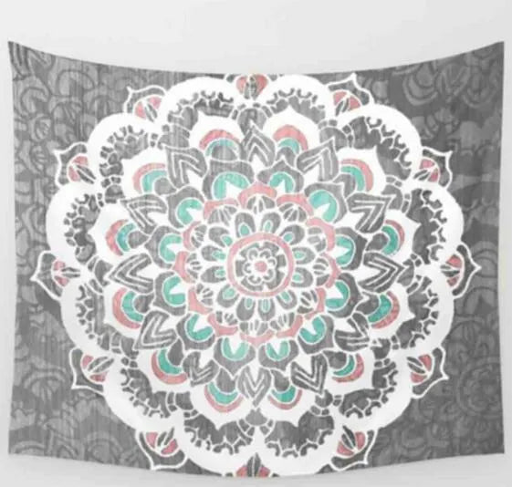 Indian mandala tapestry with green blue geometric floral pattern, 210x150cm, polyester, displayed as wall art