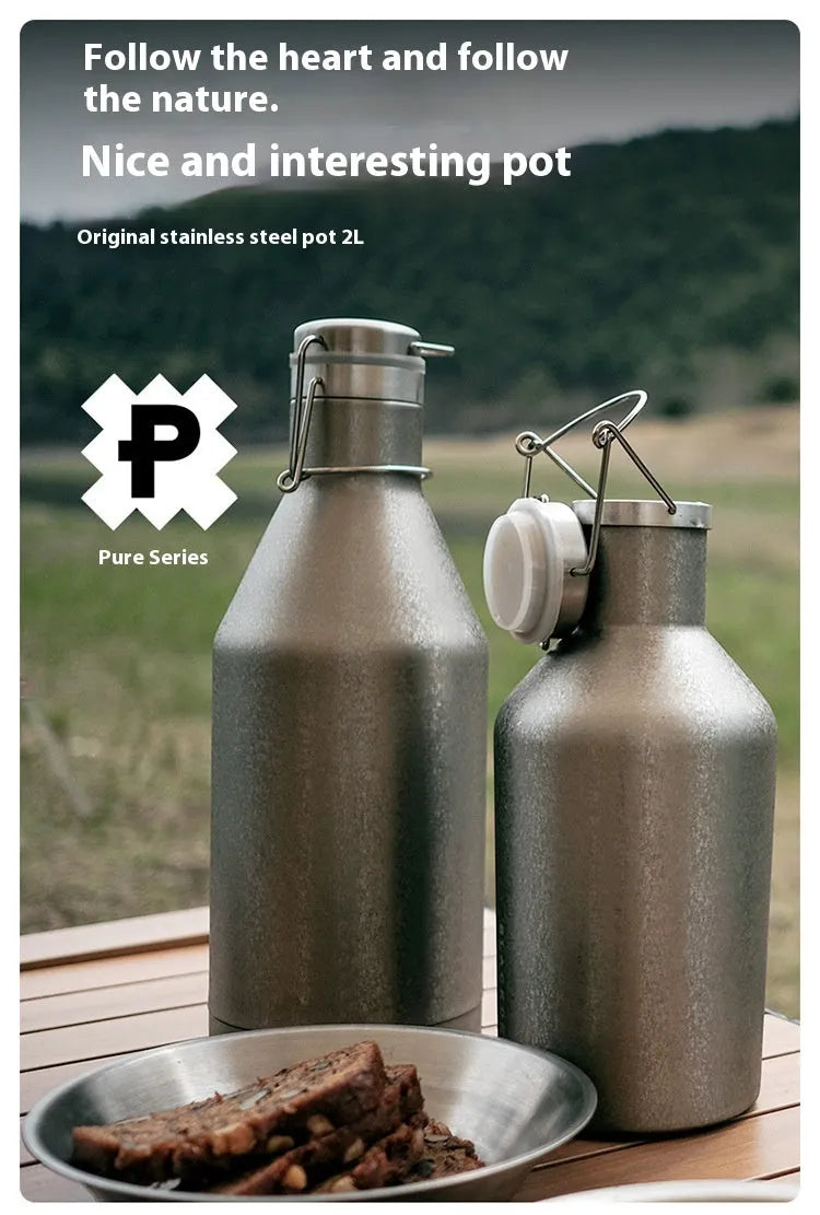 Large stainless steel thermal pot with carrying handle for outdoor camping and hiking use