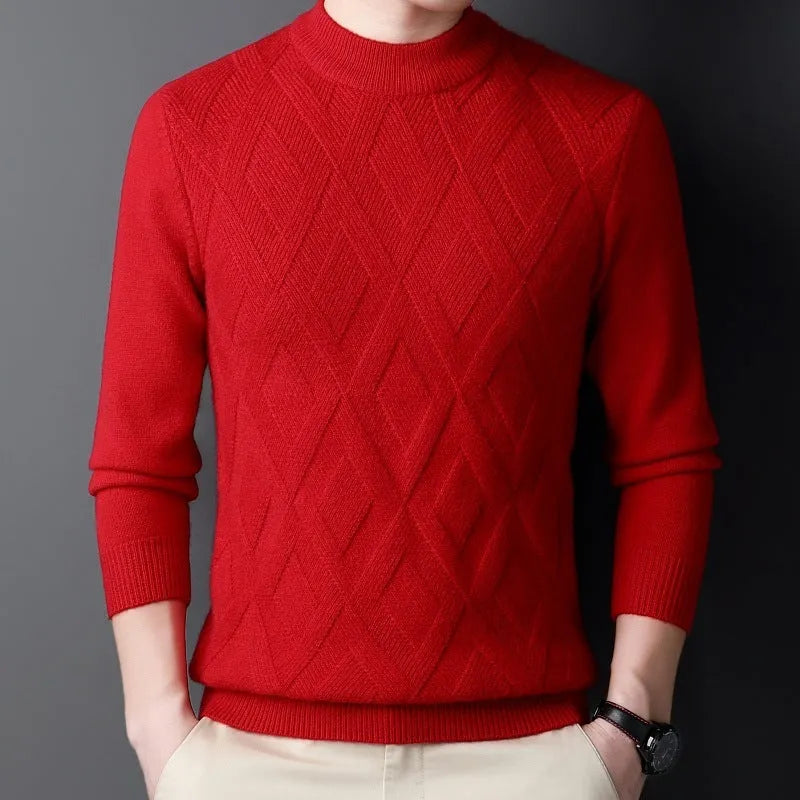 Men's diamond jacquard thermal sweater in wool blend fabric showing thick knit texture