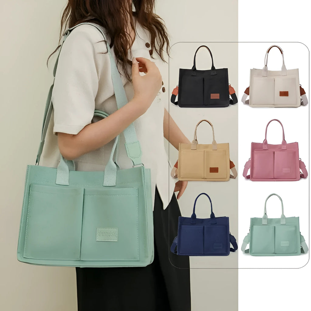 Large casual canvas tote shoulder bag for women with multiple pockets in creamy white