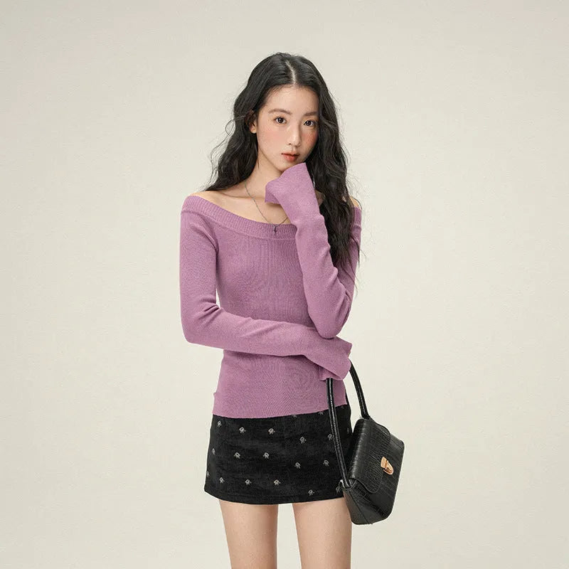 Pure Desire women's soft knit oblique angle shoulder pullover sweater in solid colour, slim fit, short length