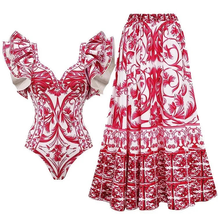 Women's printed skirt one-piece swimsuit in polyester fabric available in multiple colours