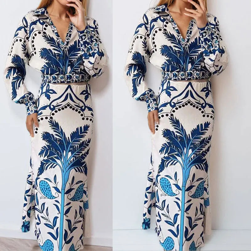 Early spring casual fashion set with long sleeve blouse and long skirt in picture colour