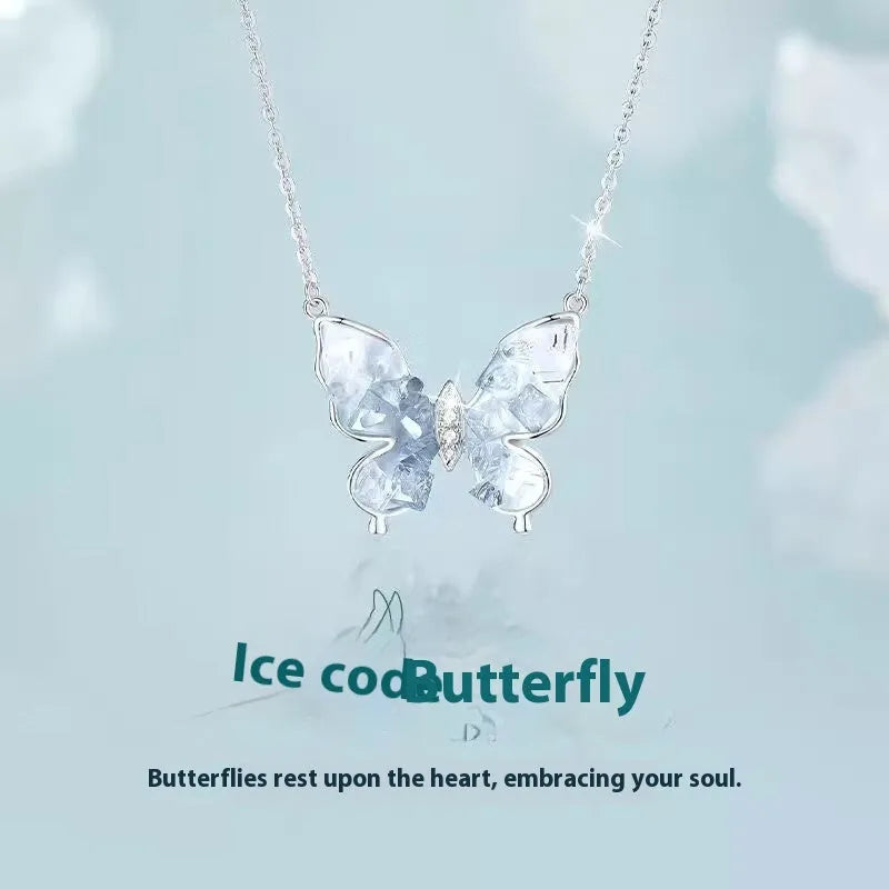 Bingyu Butterfly necklace in S925 silver with adjustable O-ring chain and detailed ice rain pendant.