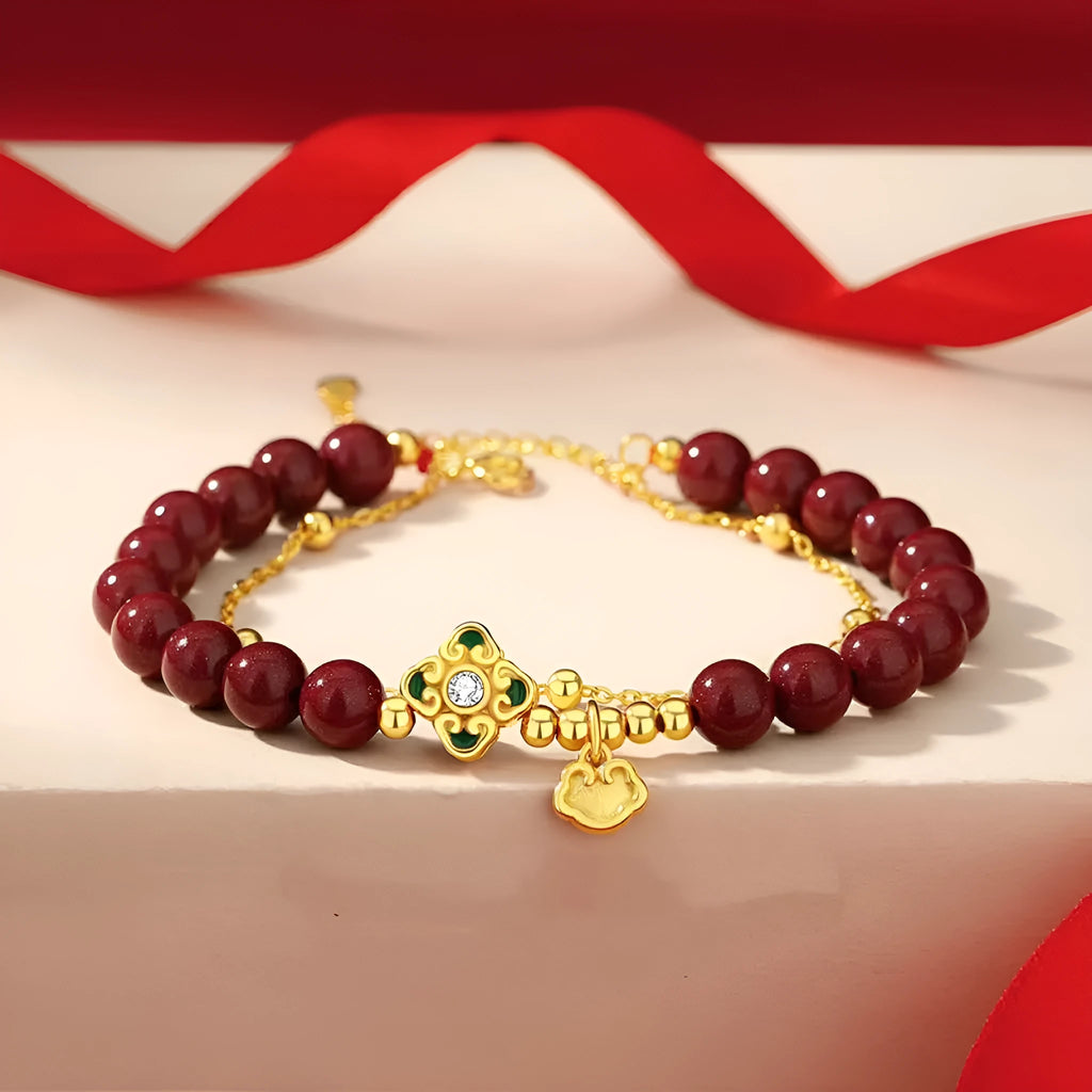 Sterling silver bracelet with Ruyi Xiangyun cinnabar flower design for women